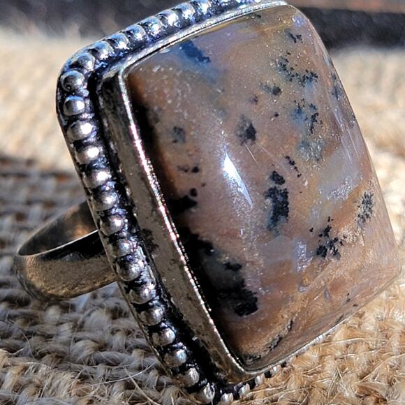 Sterling Silver Picture Jasper Ring, Size 8.75 Square Natural Gemstone Jewelry - Picture 1 of 10